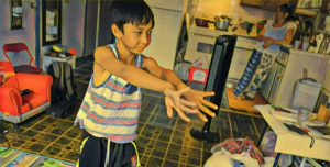 Maddox practices his Cambodian dance moves in front of the TV. His grandmother Ly Chea prepares lunch — a spicy Cambodian stew. (Photo by Heidi Shin with Prisma filter)
