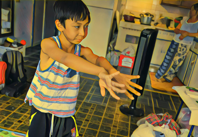 Maddox practices his Cambodian dance moves in front of the TV. His grandmother Ly Chea prepares lunch — a spicy Cambodian stew. (Photo by Heidi Shin with Prisma filter)