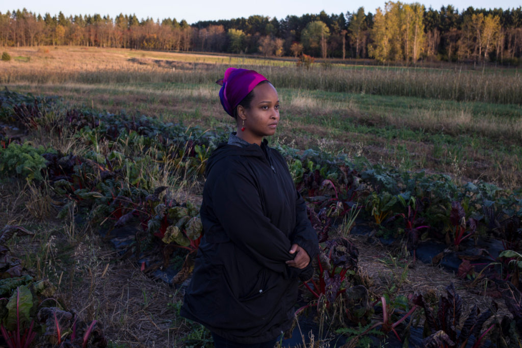 Naima Dhore, 33, stands on her parcel of an incubator farm in Marine on St. Croix, Minn., on Friday, October 13, 2017. (Photo by Brittany Greeson)