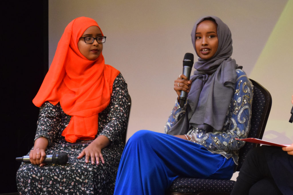 From left, Hamdi Mohamed and Amal Hussein participate in a discussion on October 7, 2017. (Photo by Ian Coss)