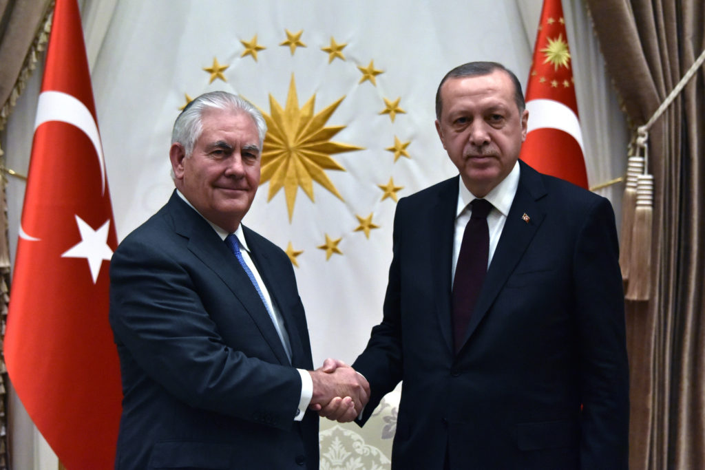 U.S. Secretary of State Rex Tillerson shakes hands with Turkish President Recep Tayyip Erdoğan in Ankara, Turkey, on February 16, 2018. (U.S. State Department)