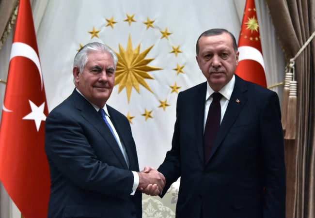 U.S. Secretary of State Rex Tillerson shakes hands with Turkish President Recep Tayyip Erdoğan in Ankara, Turkey, on February 16, 2018. (U.S. State Department)
