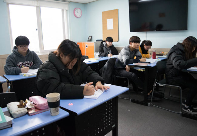 Around 50 students from elementary to high school attend the Durihana International School. Students take classes in math, history, science, Korean, English, music, art, and moral studies. The school was founded by the Rev. Chun Ki Won. (Rachel Cohrs/GroundTruth)