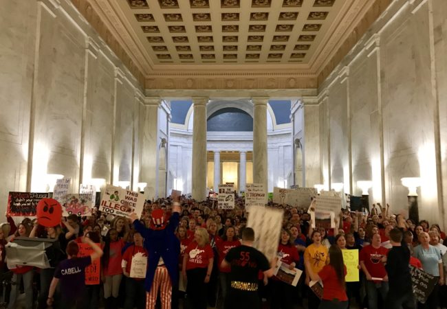 While covering the teachers' strike in West Virginia, Molly Born ran into people she grew up with. "People I hadn’t seen or thought of in years were suddenly those whose stories I was covering," she writes. (Molly Born/WVPB/GroundTruth)