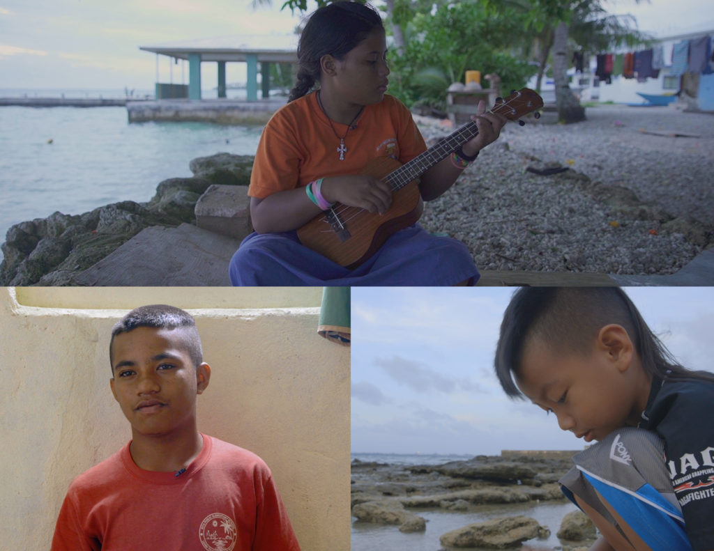 The interactive film looks at the effects of climate change on the Marshall Islands through the eyes of three children, clockwise from bottom left: Wilmer Joel, Julia Rijino and Izerman Yamaguchi-Kotton. (Photos by Michelle Mizner/GroundTruth/FRONTLINE)