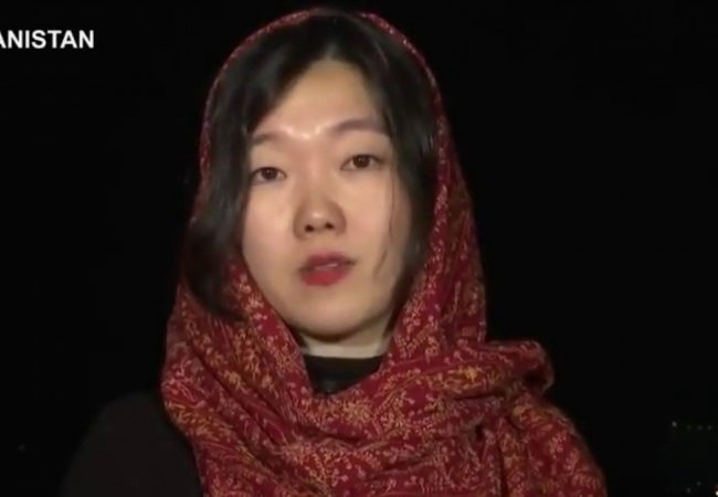 Journalist May Jeong talks to Democracy Now from Kabul, Afghanistan on February 1, 2018. (Screenshot from Democracy Now)