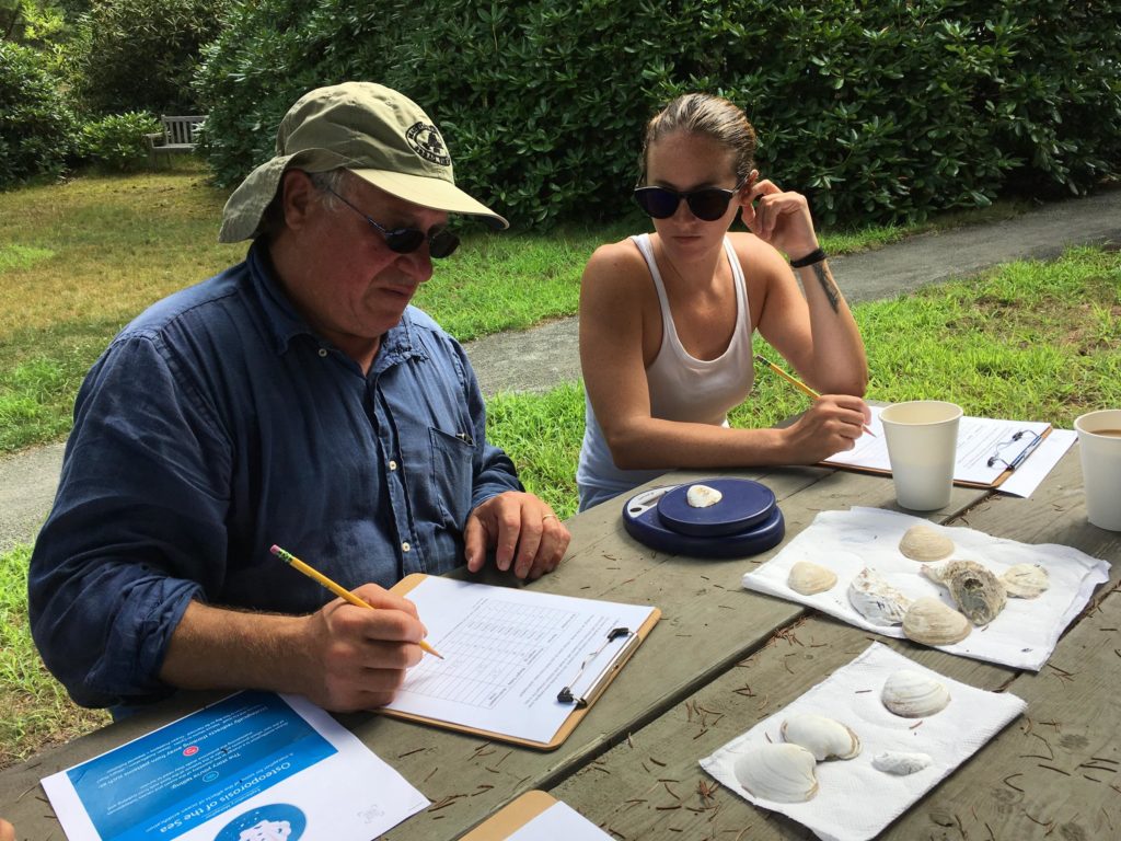Jonah Maidoff and Casey Hayward, both teachers on the Vineyard, at a workshop on climate change and ocean acidification. (Photo by Samantha Fields/GroundTruth)