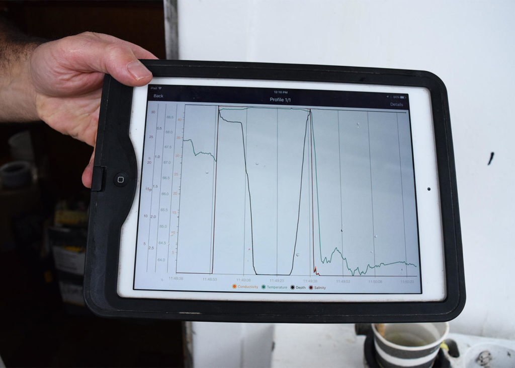 Data from the temperature probe is displayed on an iPad before being uploaded. (Photo by Pien Huang/WCAI)