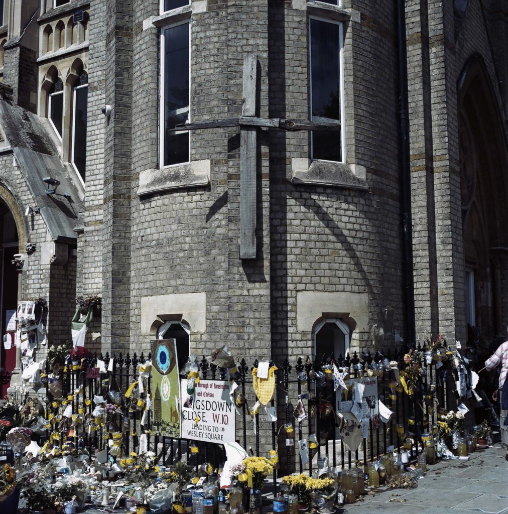 The Methodist church of Latimer Road was covered in candles and flowers, in memory of those lost during the fire of Grenfell. (June 14th, 2017)