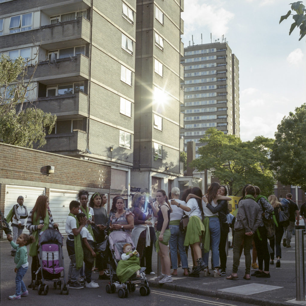 Neighboring residents from the surrounding tower blocks and estates, gathered for the Grenfell Memorial March on the one year anniversary of the Grenfell Tower fire. (June 14th, 2018)