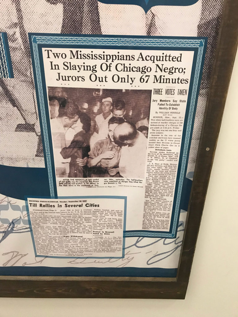 Newspaper clippings from the coverage of the trial, in display at Emmett Till Interpretive Center in Sumner, Mississippi. (Photo by Alexandra Watts/GroundTruth)