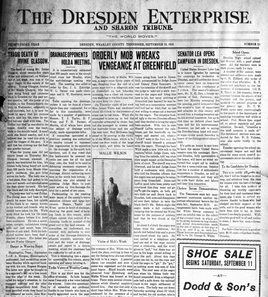 This image features an old newspaper from 1915, The Dresden Enterprise and Sharon Tribune.