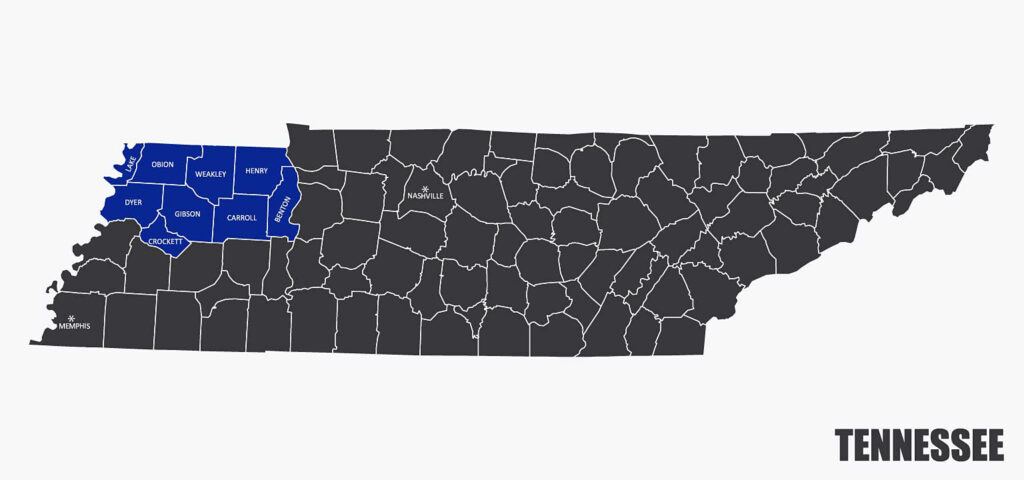 This is a dark grey map of Tennessee and the northwest corner with all counties labeled is in blue.