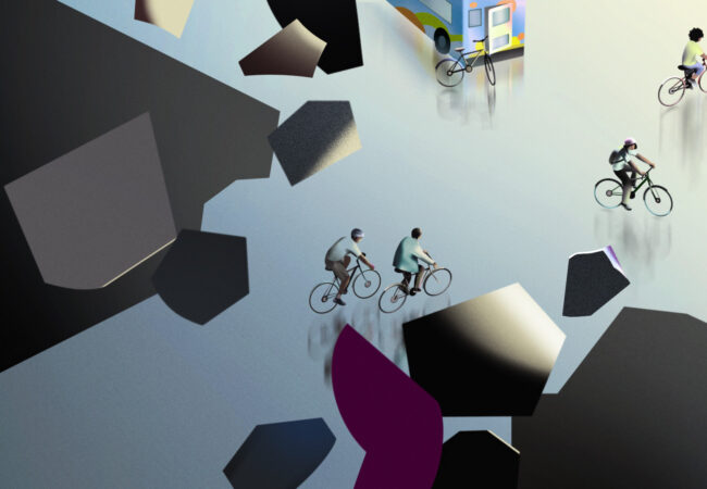This illustration features people on bicycles riding through a newly broken path.