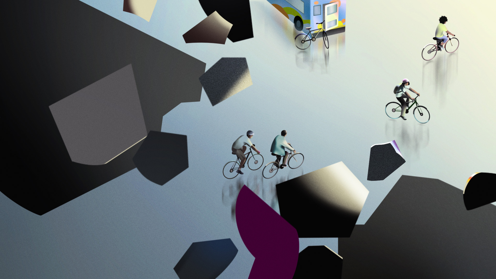 This illustration features people on bicycles riding through a newly broken path.