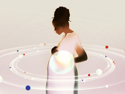 This is an illustration featuring an expectant mother in the center with a globe illuminating her belly, and she's encircled by spheres symbolizing support.