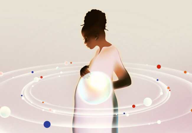 This is an illustration featuring an expectant mother in the center with a globe illuminating her belly, and she's encircled by spheres symbolizing support.