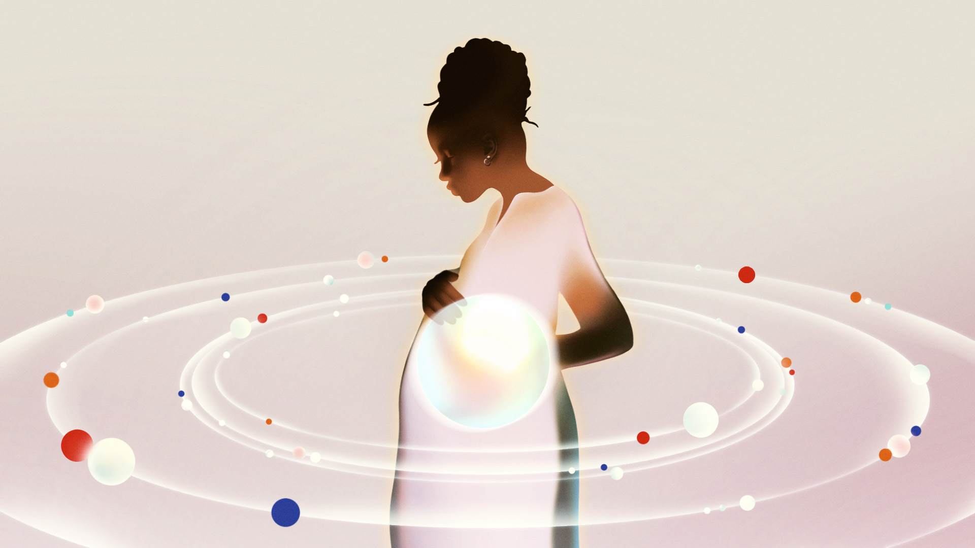 This is an illustration featuring an expectant mother in the center with a globe illuminating her belly, and she's encircled by spheres symbolizing support.