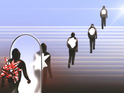 This illustration is light blue and has images of students climbing a staircase with targets on their backs in the foreground, with those targets decreasing toward the horizon.