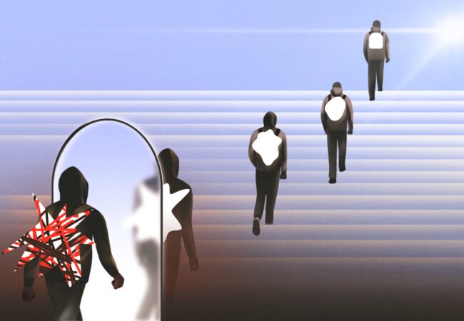 This illustration is light blue and has images of students climbing a staircase with targets on their backs in the foreground, with those targets decreasing toward the horizon.