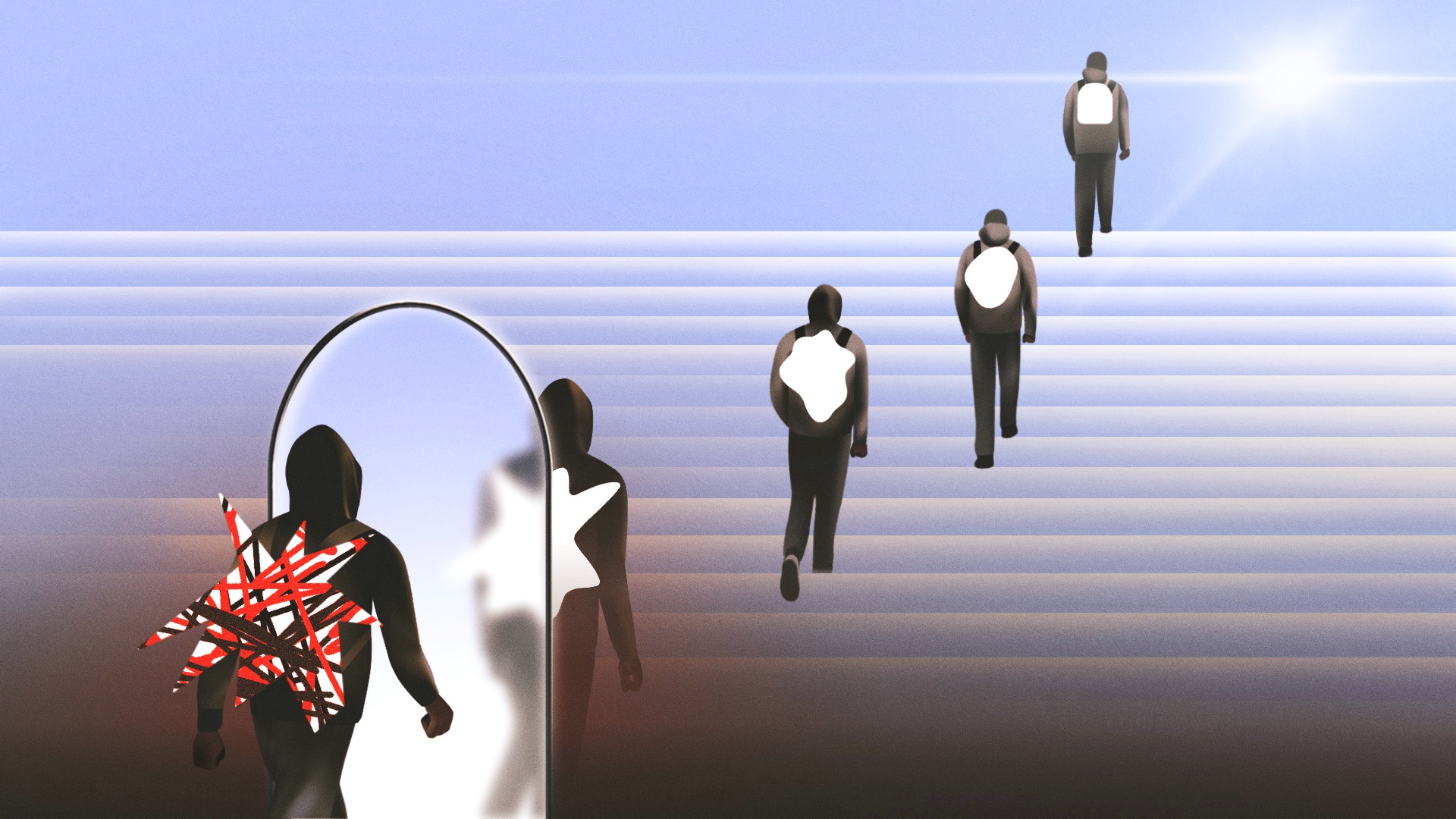 This illustration is light blue and has images of students climbing a staircase with targets on their backs in the foreground, with those targets decreasing toward the horizon.